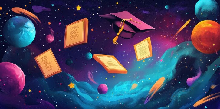 Graduation cap and diplomas float in space among planets and stars