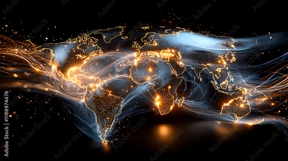 Poster global network connectivity visualization digital world map infographic dark environment modern view