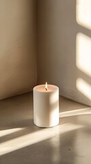Simple White Candle in a Corner, Warm Sunlight