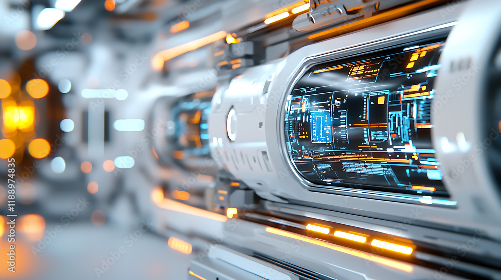 Poster exploring futuristic technology advanced control systems high-tech facility digital display sleek en
