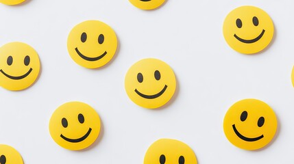 Fototapeta premium A series of yellow smiley face stickers lined up diagonally on a white backdrop.