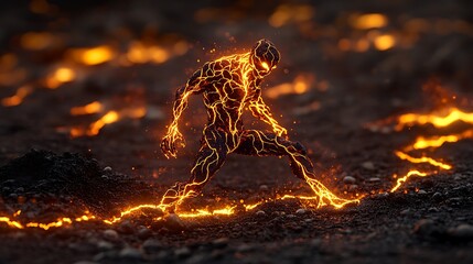 One fire golem with molten veins glowing through its body in a fiery wasteland