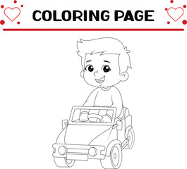 boy is playing cool little car with happy expression coloring page for kids