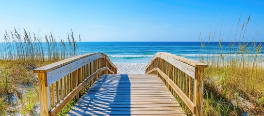 Fototapeta premium A wooden walkway leading to the beach, surrounded by dunes and grasses under a clear blue sky. The background features an expansive view of the sea with gentle waves lapping