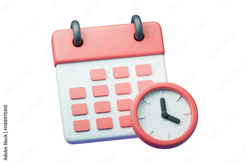 Poster 3D render of a calendar and clock; symbolizing scheduling, time management, and deadlines.