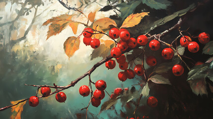 Oil painting showcasing autumn with vibrant red hawthorn berries on branches set against a lush green backdrop highlighting the beauty of seasonal nature. Thornpath. Illustration