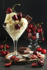 Ice cream scoops in an ice cream bowl with chocolate and cherry	