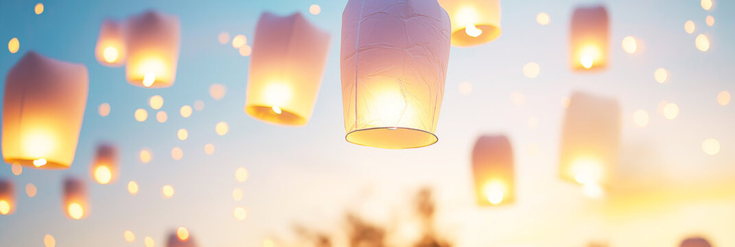 Sunrise lantern release golden flares soft color dramatic sky scene
