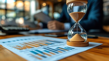 Hourglass on desk with business graphs, showing time management in business.