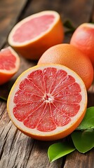 Vibrant Grapefruit Slices on Rustic Wooden Surface