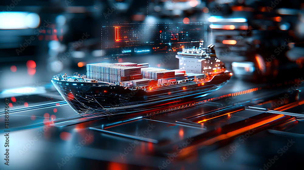 Aufkleber container ship transporting cargo through a high-tech port terminal at night futuristic environment 