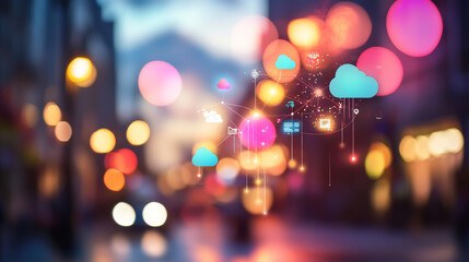Cloud data visualization over urban street nighttime digital art soft focus modern technology concept