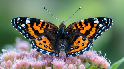 Naklejka premium Close up of a beautiful Painted Lady butterfly resting on a pink flower, capturing the intricate details of its wings and body