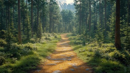 Obraz premium Sunlit Forest Path: A Tranquil Walk Through Lush Greenery
