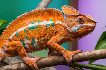 Obraz premium Vibrant chameleon, orange and blue scales, large eyes, curled tail, thin branch, blurred green background, macro photography, textured skin, exotic reptile, colorful lizard, nature close-up, tropical 
