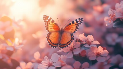 Graceful Monarch Butterfly Resting Amongst Cherry Blossoms In Golden Sunlight Creating a Serene Atmosphere