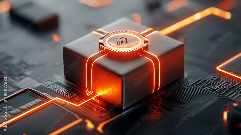 Poster innovative technology circuit board with glowing components digital workspace graphic design futuris