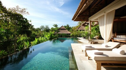 Fototapeta premium Bed beside a luxurious swimming pool, set in a peaceful and quiet outdoor space for ultimate relaxation.