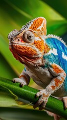 Obraz premium Vibrant chameleon, orange and blue scales, large eyes, curled tail, thin branch, blurred green background, macro photography, textured skin, exotic reptile, colorful lizard, nature close-up, tropical 