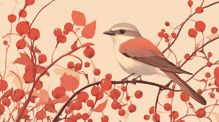 Red backed shrike resting in hawthorn bush with red berries in background. Thornpath. Illustration