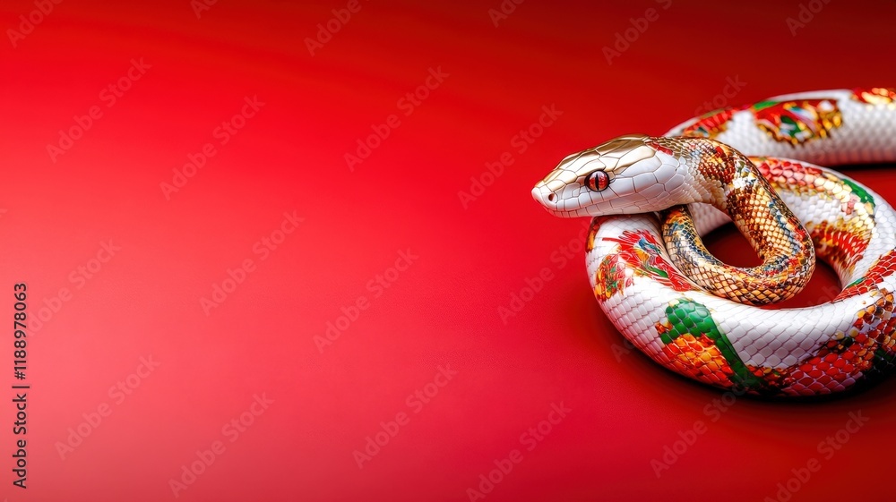 Poster a striking snake with a vibrant pattern rests on a bold red background, showcasing its colorful scal
