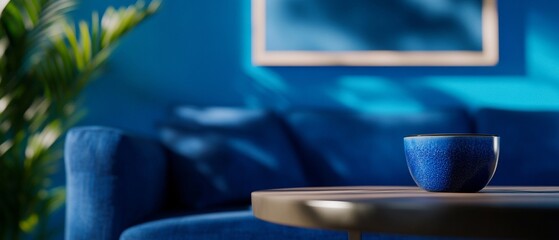 A cozy living room scene featuring blue bowl on table, surrounded by blue furniture and greenery, creating serene atmosphere