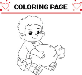 cute boy sitting holding big candy coloring page for kids