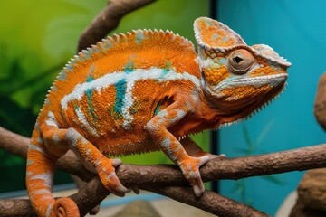 Obraz premium Vibrant chameleon, orange and blue scales, large eyes, curled tail, thin branch, blurred green background, macro photography, textured skin, exotic reptile, colorful lizard, nature close-up, tropical 