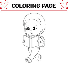 clever girl is reading book while walking school coloring page for kids