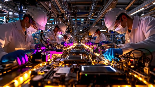 A high-tech manufacturing facility where workers in protective gear assemble electronic components on illuminated assembly lines.