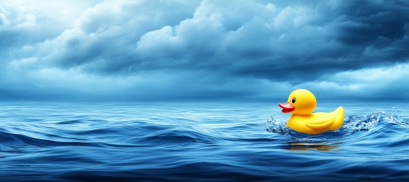 Small Yellow Rubber Duck Toy Bravely Navigating a Stormy Ocean, Concept for Resilience.