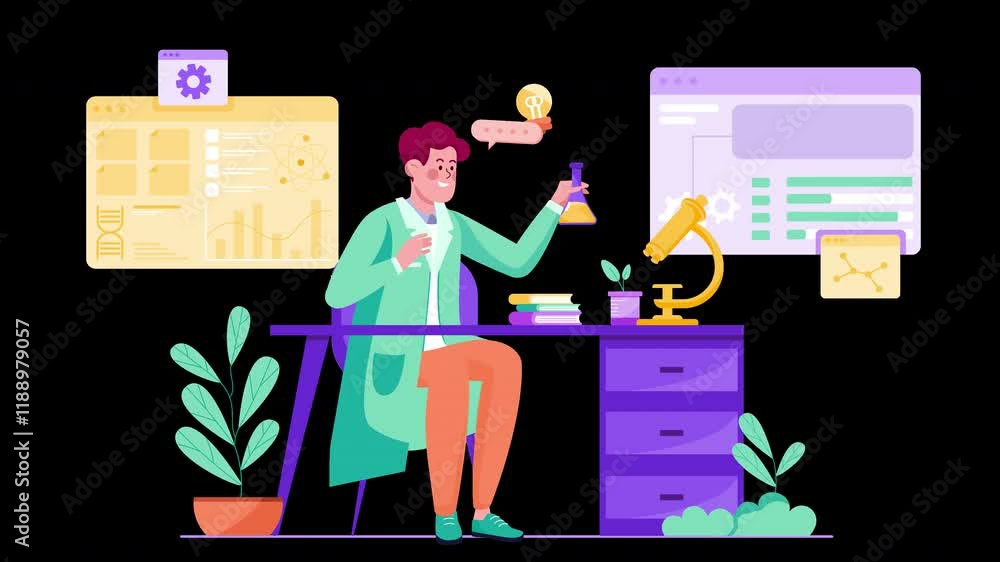 Poster a european scientist conducts an experiment in a lab, surrounded by plants and digital screens displ