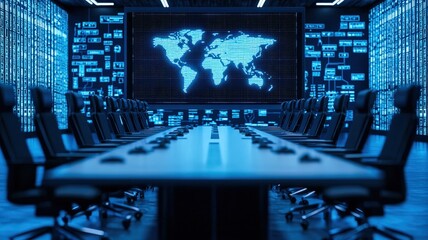 A high-tech conference room featuring a digital world map backdrop, illuminated in blue, designed for strategic meetings and collaboration.