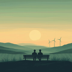 Minimalist Illustration of Two People Watching Sunset Over Hills with Wind Turbines in the Background