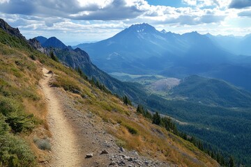 Mountain Trail Winding Through Majestic Peaks and Forests