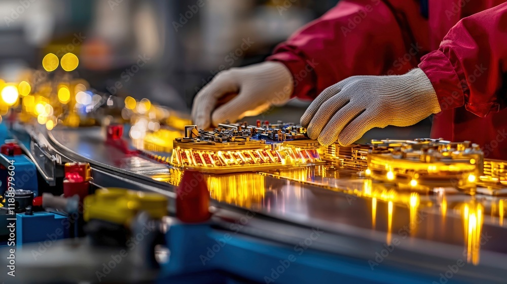Poster a worker meticulously assembles components on a high-tech assembly line, illuminated by bright light