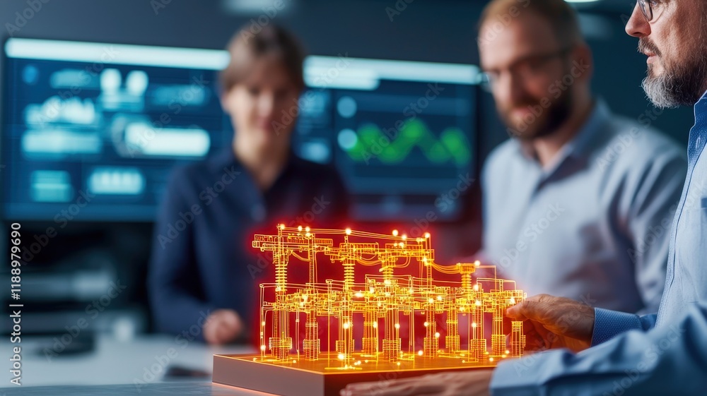 Poster a team discusses a glowing architectural model, showcasing innovative design and technology in a mod