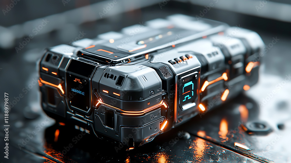 Poster futuristic technology device cyberpunk setting digital artifact sci-fi environment close-up view inn