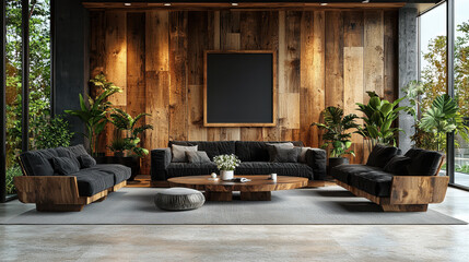 Modern Rustic Living Room: A stylish and contemporary living room interior design features a rustic wood wall, black sofas, and lush green plants.  A large.