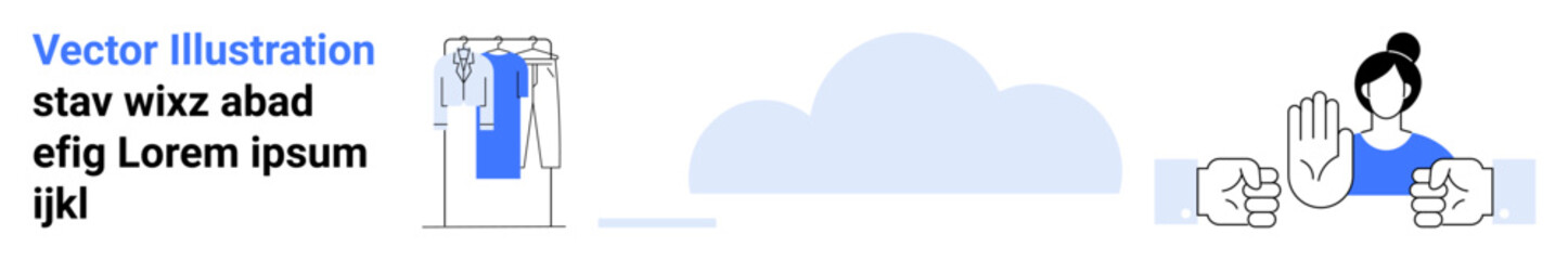 Woman making stop gesture with hand, standing next to hanging clothes on a rack with cloud pattern behind. Ideal for product promotion, notifications, warnings, fashion, e-commerce, communication, UI