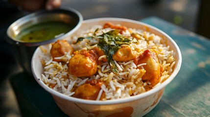 A beautiful and delicious hot biryani with natural light use