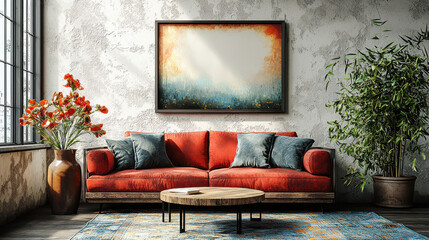 Modern Living Room Interior: A contemporary living room featuring a plush red velvet sofa, an abstract painting hanging above, and a rustic wooden coffee table.