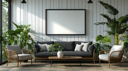 Obraz premium Cozy Living Room Mockup: A sunlit living room, adorned with lush tropical plants, features a plush gray sofa, two rattan armchairs, and a minimalist coffee table.