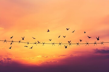 Obraz premium Birds flying at sunset over a barbed wire fence in a tranquil sky