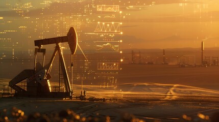 Sunset over oil pump jack in a vast desert landscape with distant industrial structures