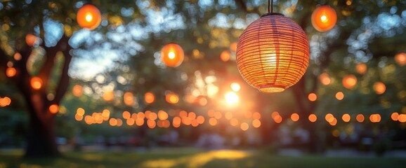Illuminated paper lanterns hanging from trees at sunset, creating a warm, magical atmosphere.