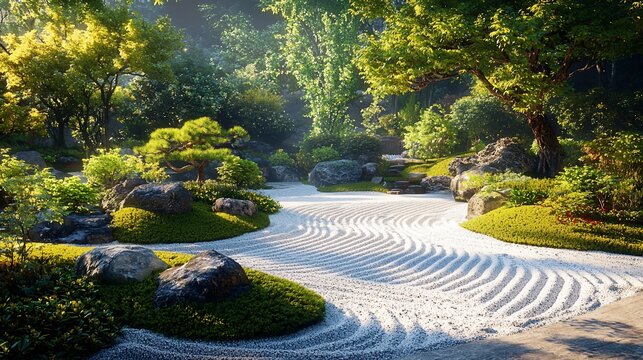 Serene Japanese garden with raked sand, rocks, and lush greenery bathed in sunlight.
