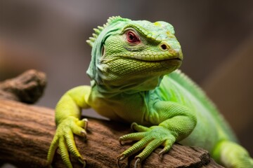 Fototapeta premium Vibrant green iguana, close-up portrait, scaly texture, piercing eyes, reptile beauty, tree branch perch, blurred background, macro photography, exotic pet, wildlife shot, lizard details, emerald hues