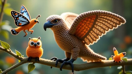 realistic highly detailed crochet of a different flyi with a nature background