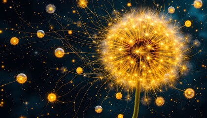 Glowing dandelion seeds float into a starry night sky, symbolizing dreams taking flight, suitable for fantasy books, posters, or magical themed events